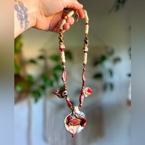 Handmade Polymer Clay Necklace – Red Cream Black Marbled Statement Necklace